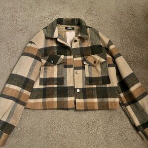 Black and Tan Utility Jacket with Plaid Design